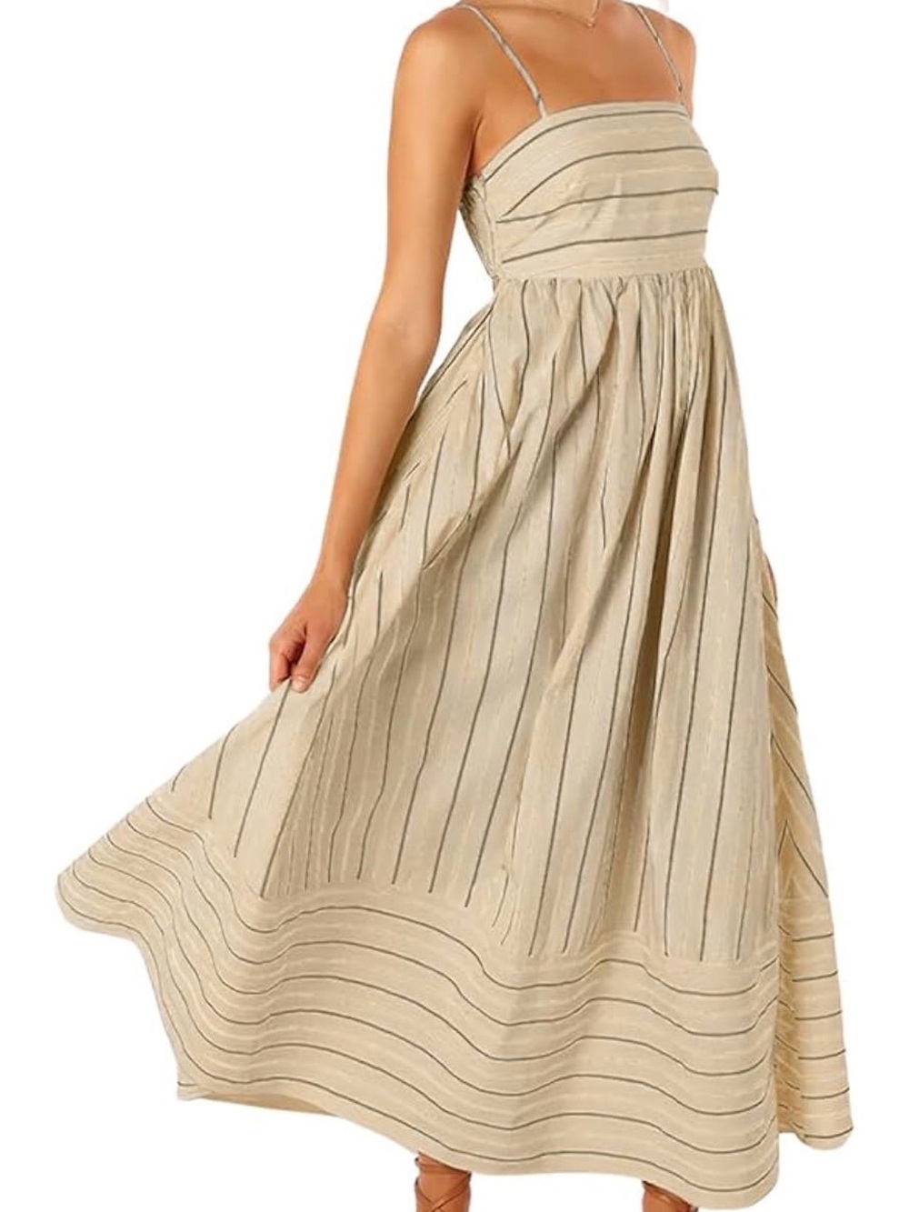 Spaghetti Strap Beige Striped Maxi Dress
